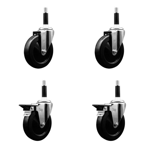 5'' Hard Rubber Wheel Swivel 7/8'' Expand Stem Caster Set 2 Brakes, 4PK